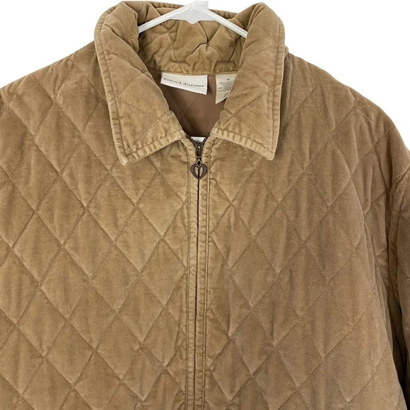 Vintage 90s Quilted Jacket WomenPlus Size 16 Tan Velvet Pink Embroidered Floral - Picture 3 of 13